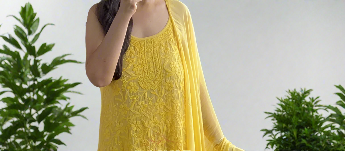Lemon Yellow spaghetti strap Chikankari suit set