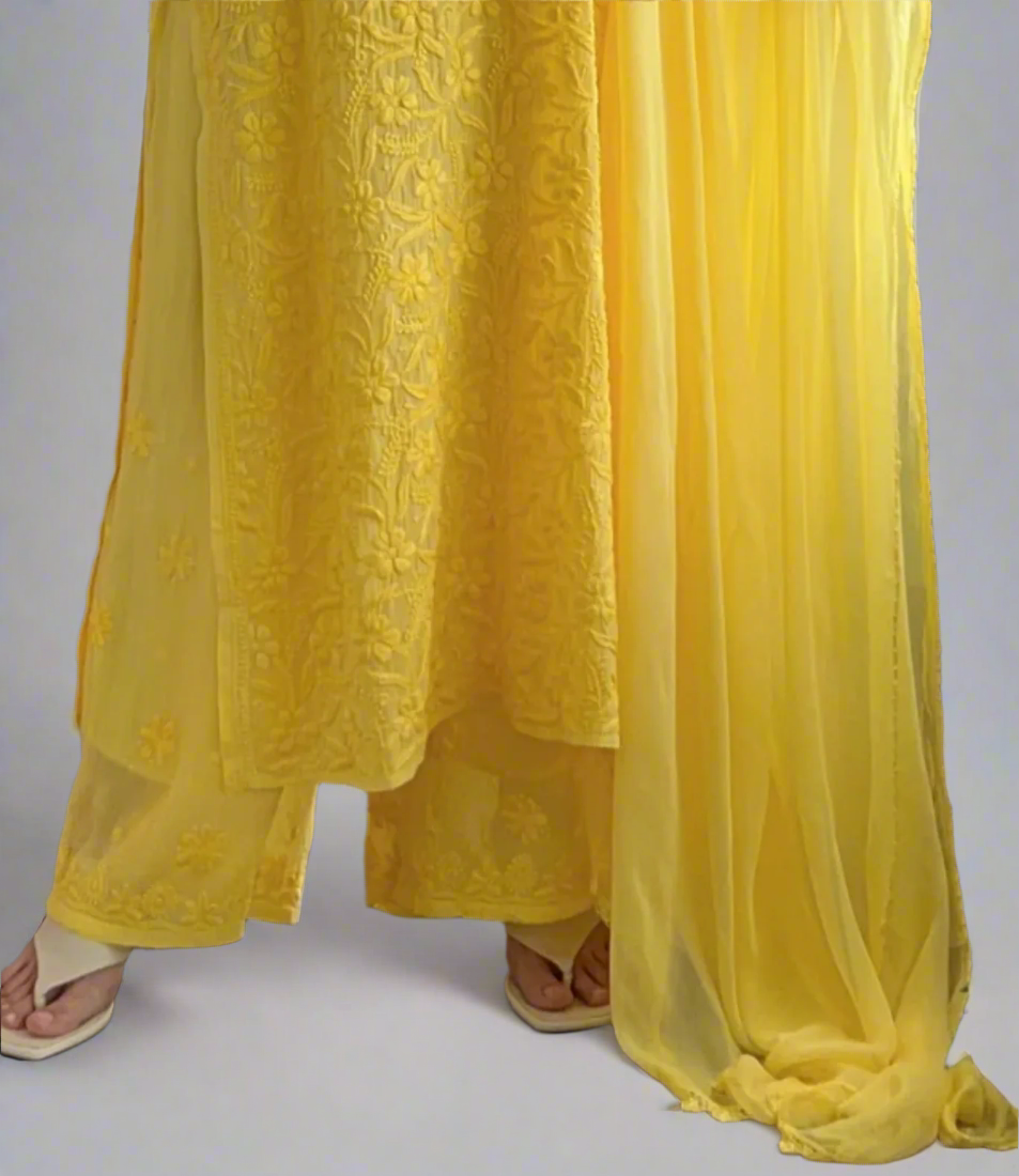 Lemon Yellow spaghetti strap Chikankari suit set