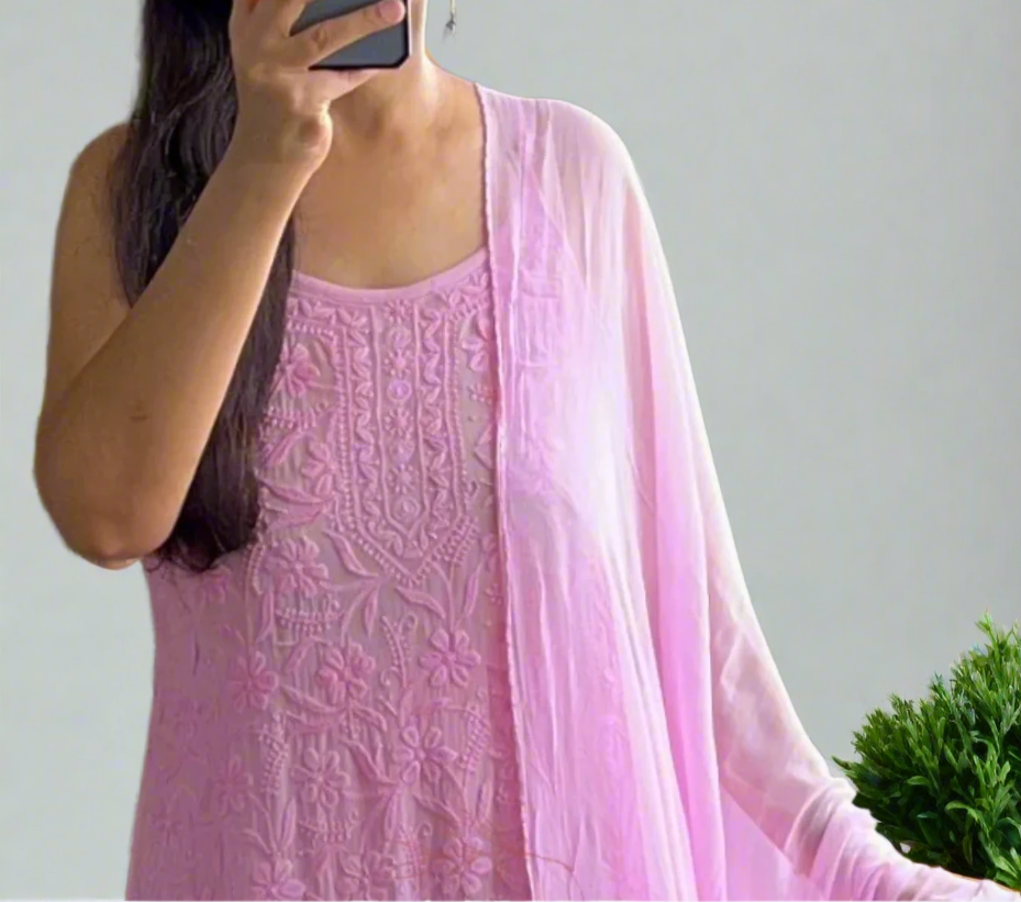 Candy Pink Noodle strap Chikankari suit set