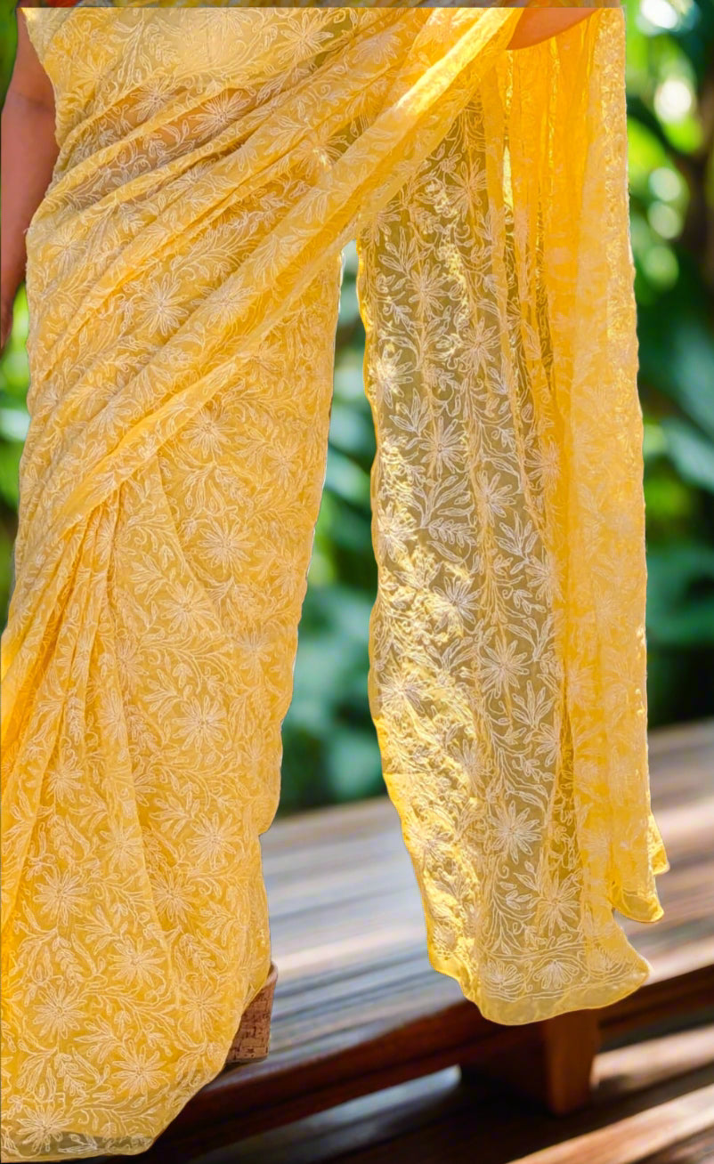Yellow Georgette Chikankari saree