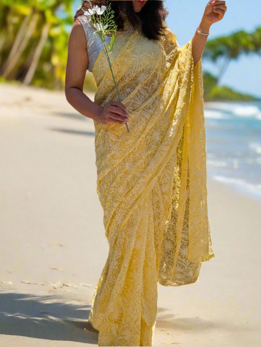 Yellow Georgette Chikankari saree