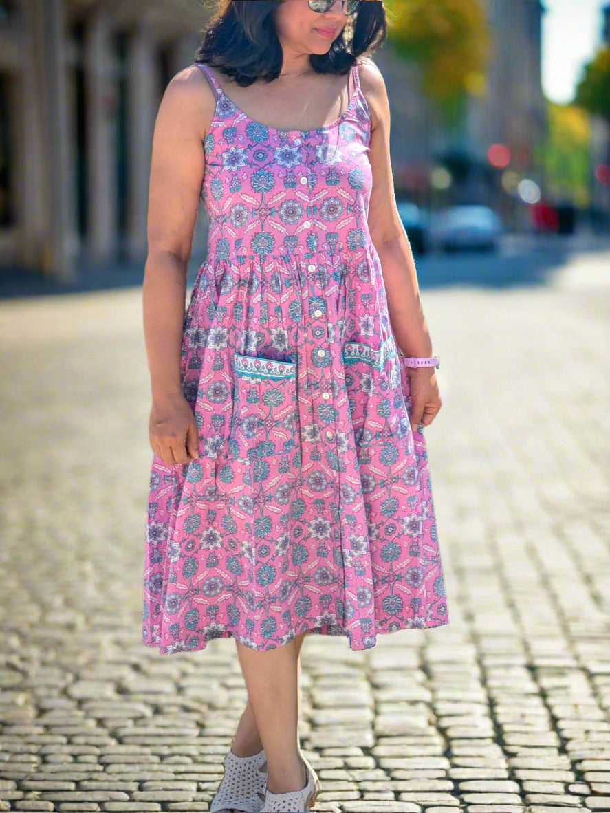 Pink and blue patterned cotton sundress
