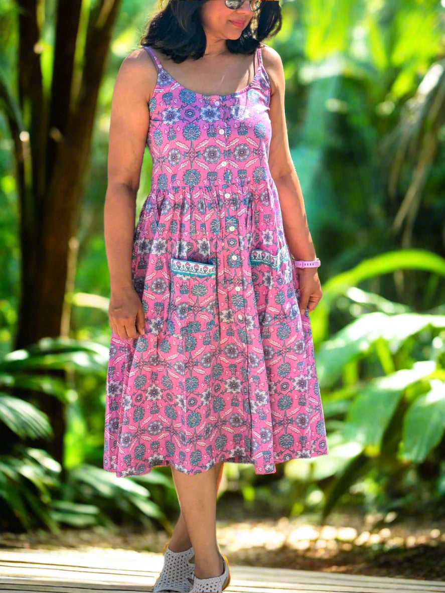 Pink and blue patterned cotton sundress