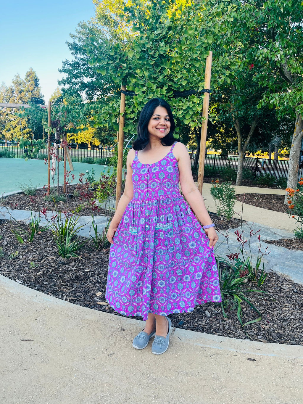Pink and blue patterned cotton sundress