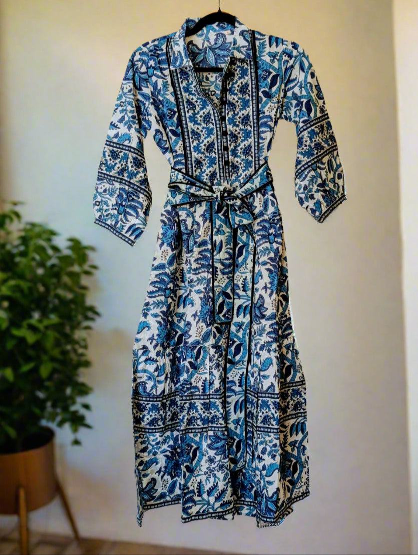 Captivating blue and white block print maxi dress