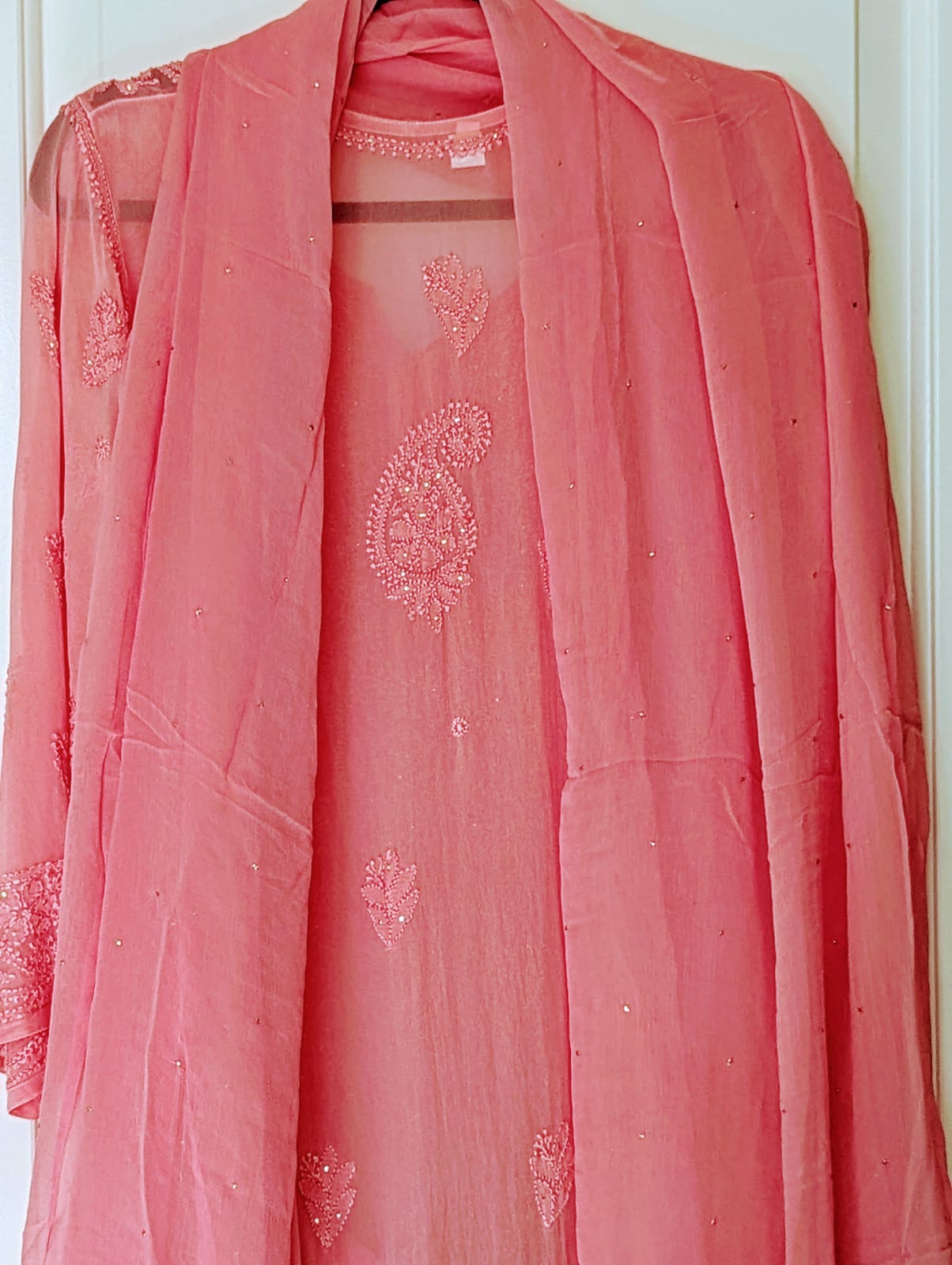 Exquisite Rosewood Pink Georgette Chikankari Suit set with Mukesh work