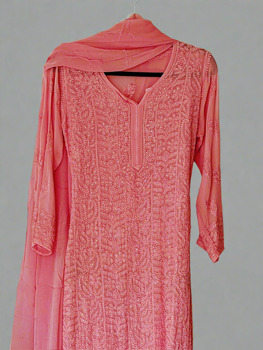 Exquisite Rosewood Pink Georgette Chikankari Suit set with Mukesh work