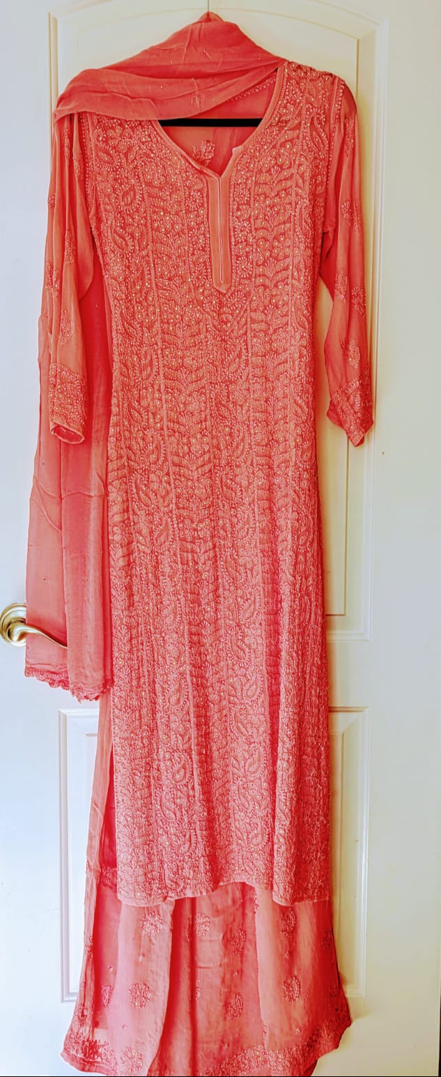 Exquisite Rosewood Pink Georgette Chikankari Suit set with Mukesh work