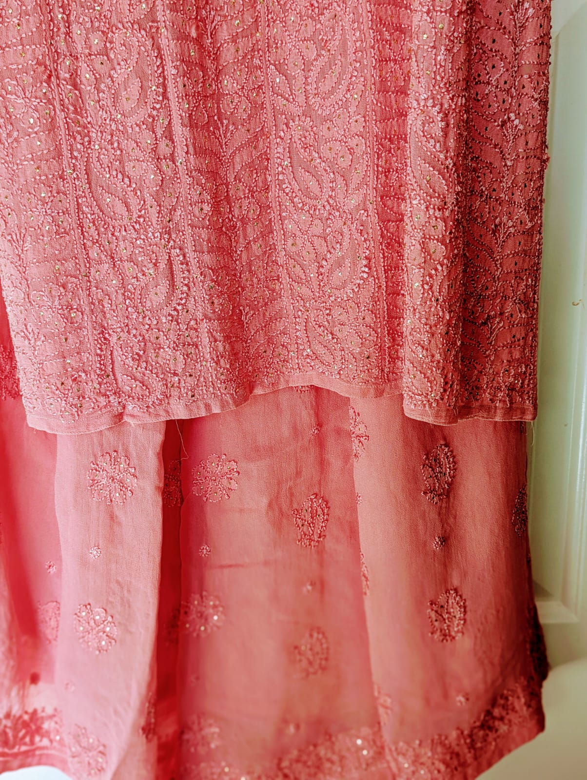 Exquisite Rosewood Pink Georgette Chikankari Suit set with Mukesh work