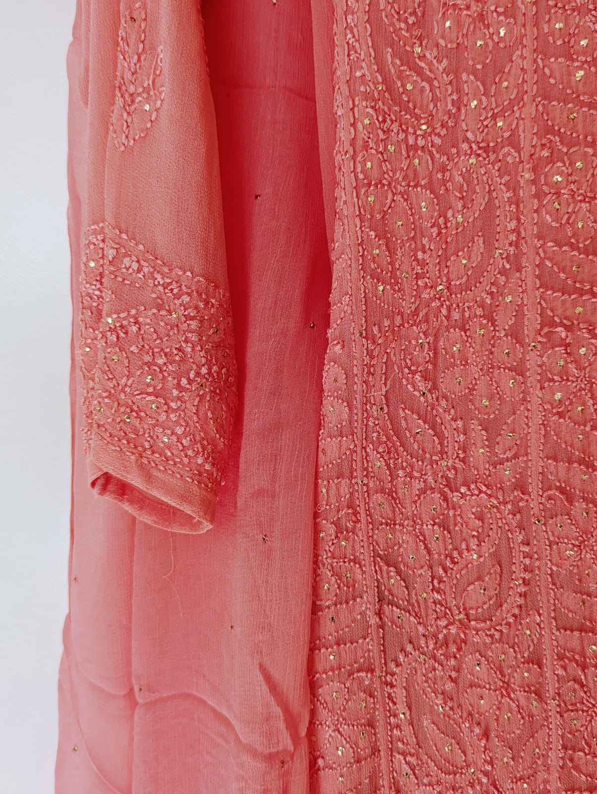 Exquisite Rosewood Pink Georgette Chikankari Suit set with Mukesh work