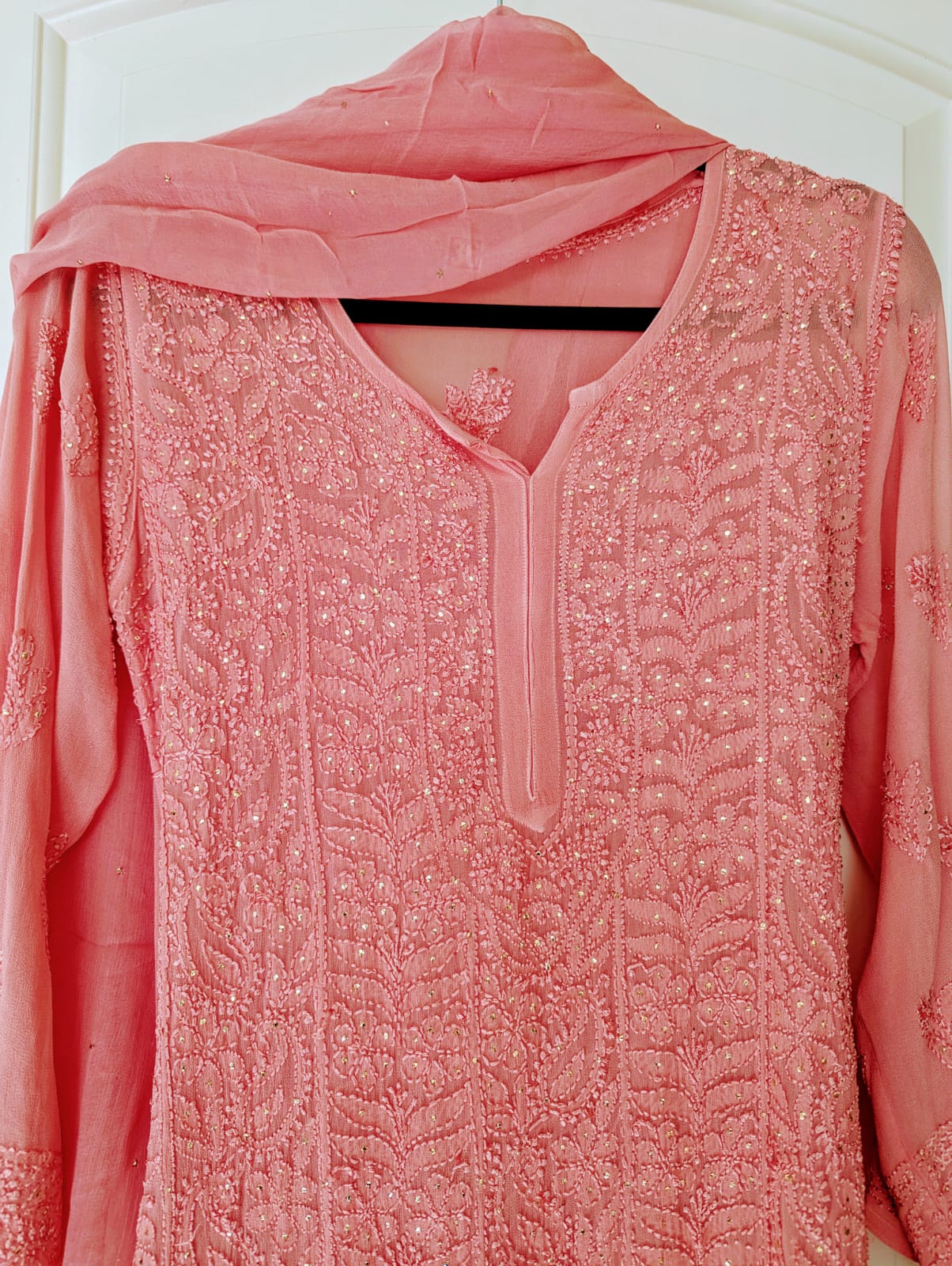 Exquisite Rosewood Pink Georgette Chikankari Suit set with Mukesh work