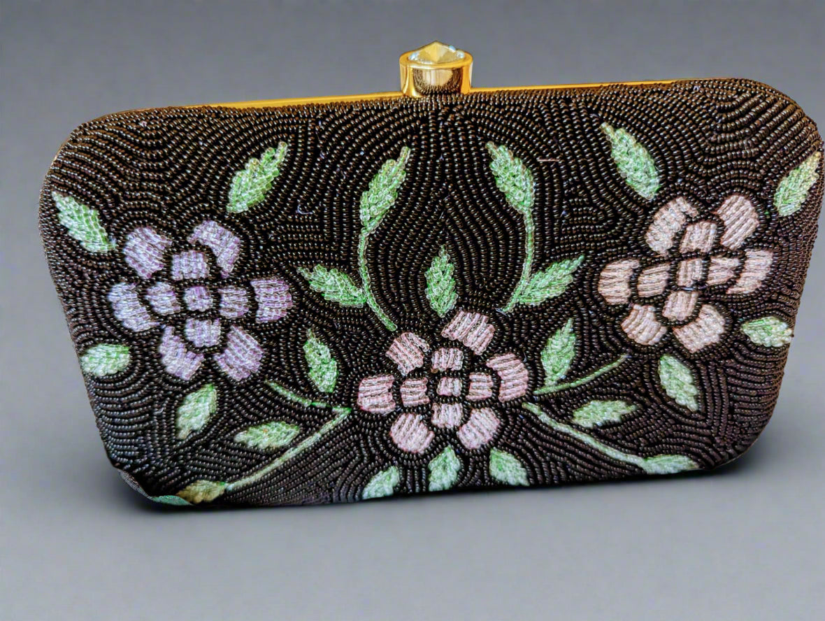 Exquisite Black with floral designs handcrafted beaded purse