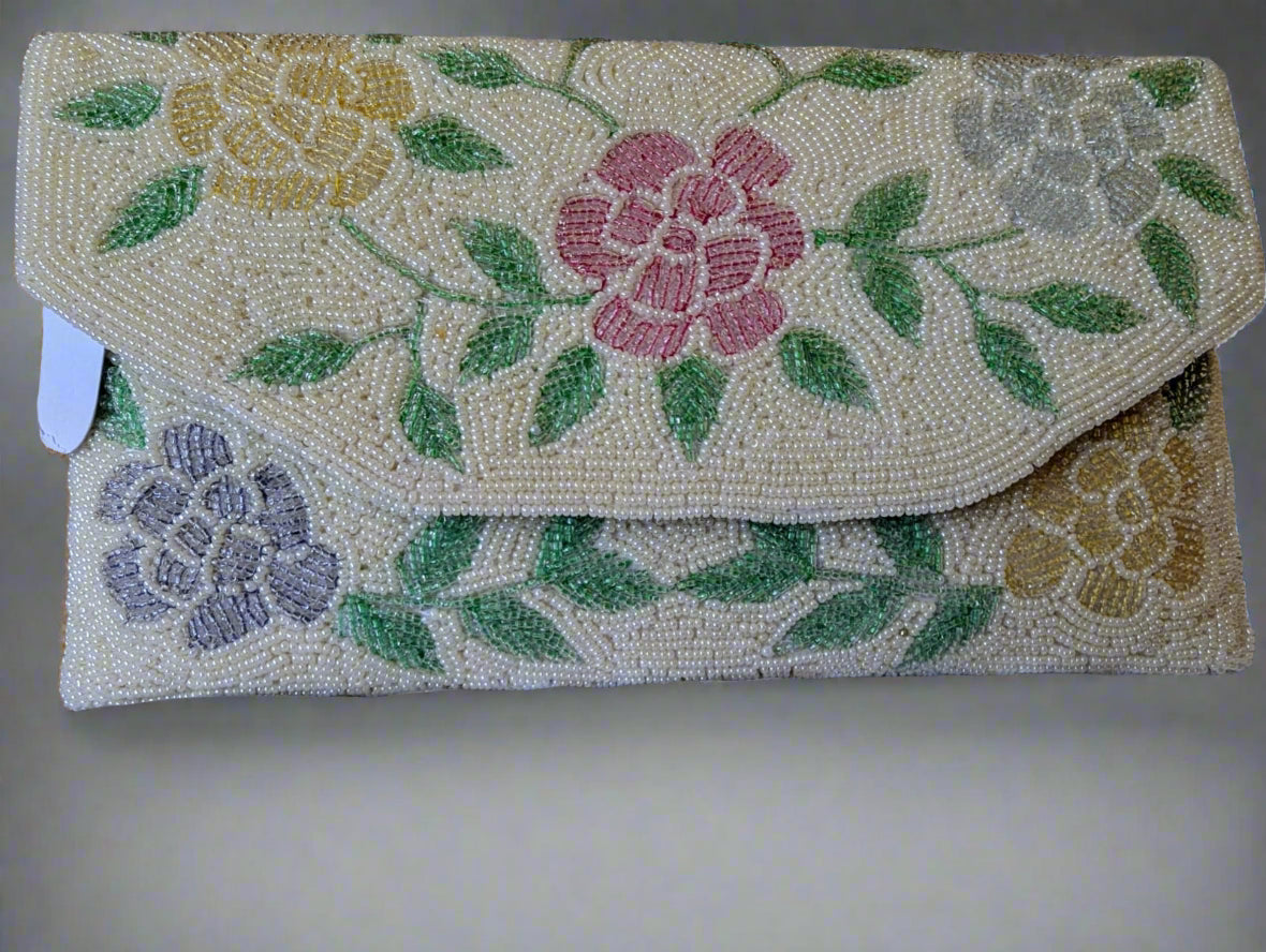 Exquisite Ivory floral designs handcrafted beaded purse