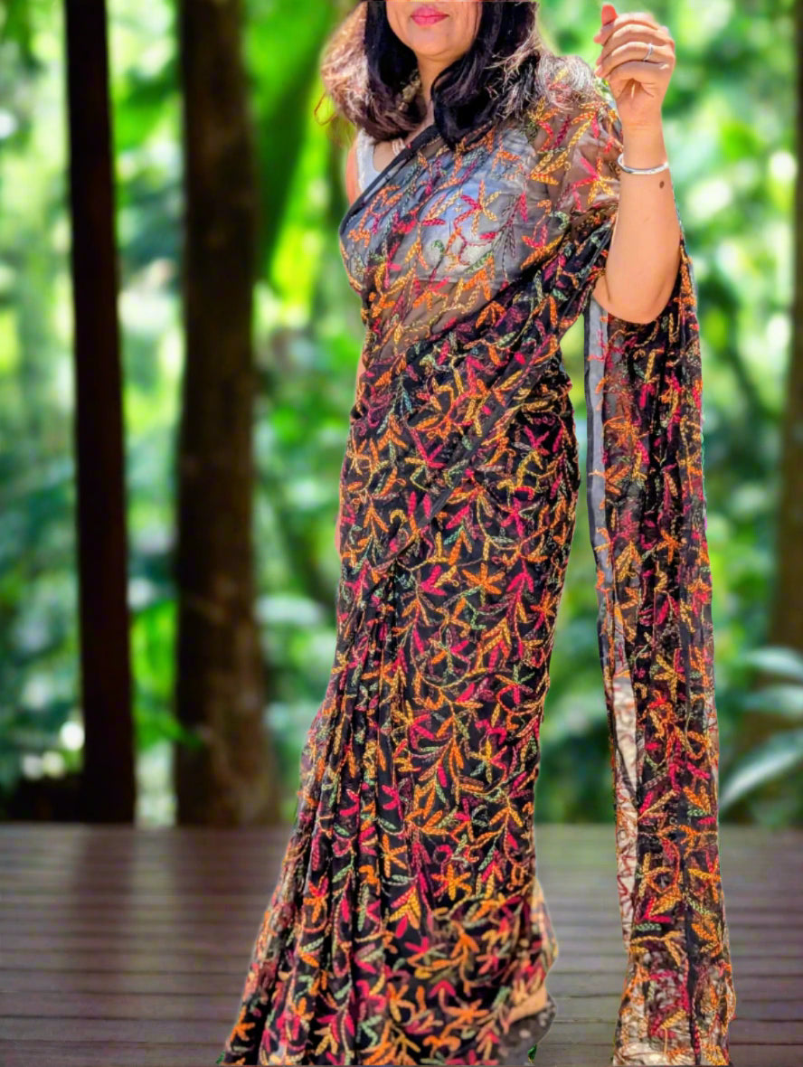 Yellow Georgette Chikankari saree