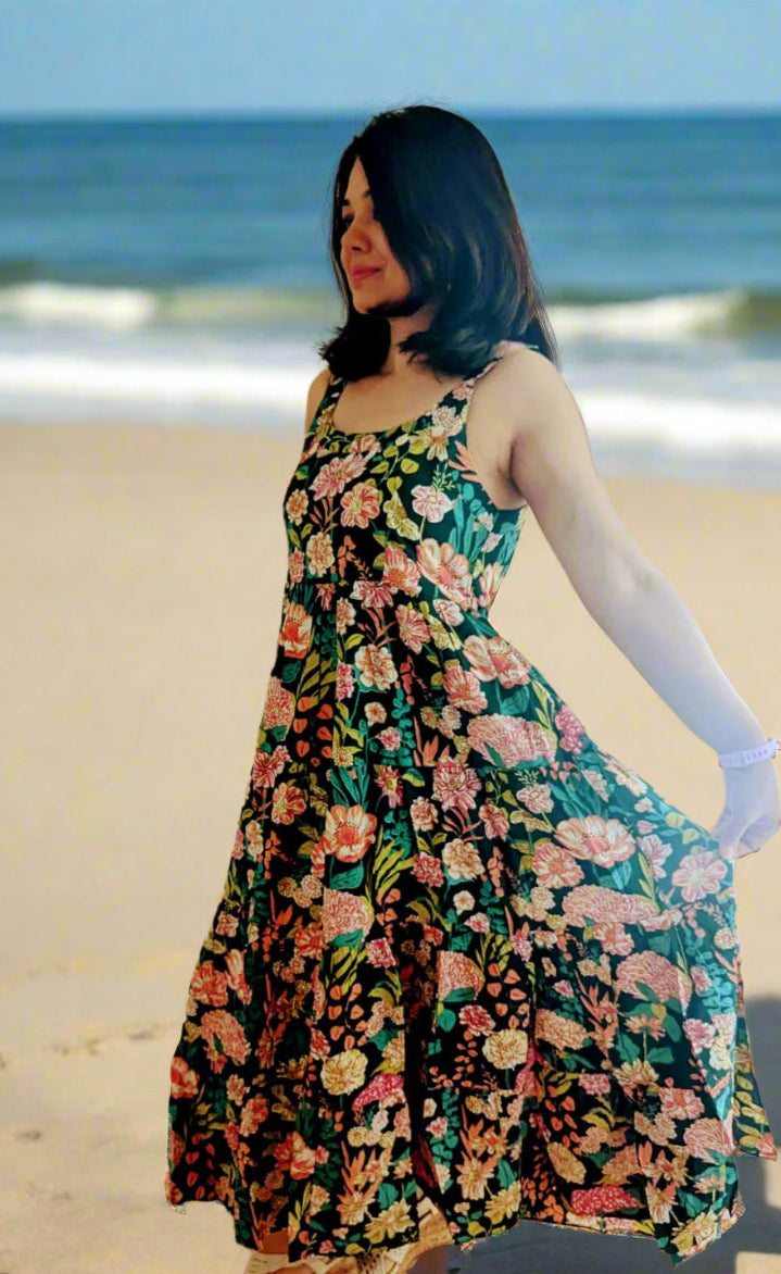 Garden-inspired floral print maxi dress