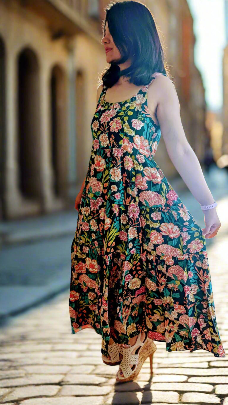 Garden-inspired floral print maxi dress