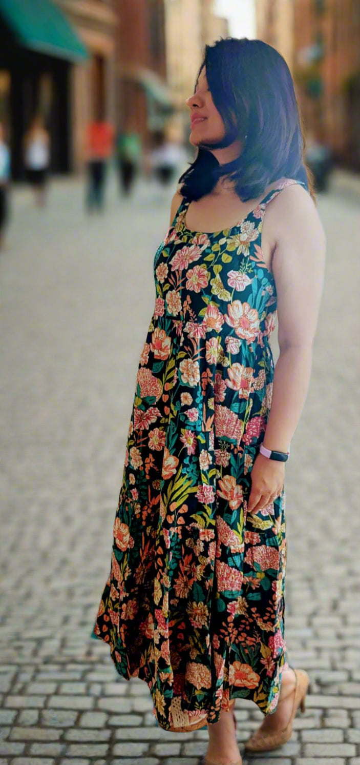Garden-inspired floral print maxi dress