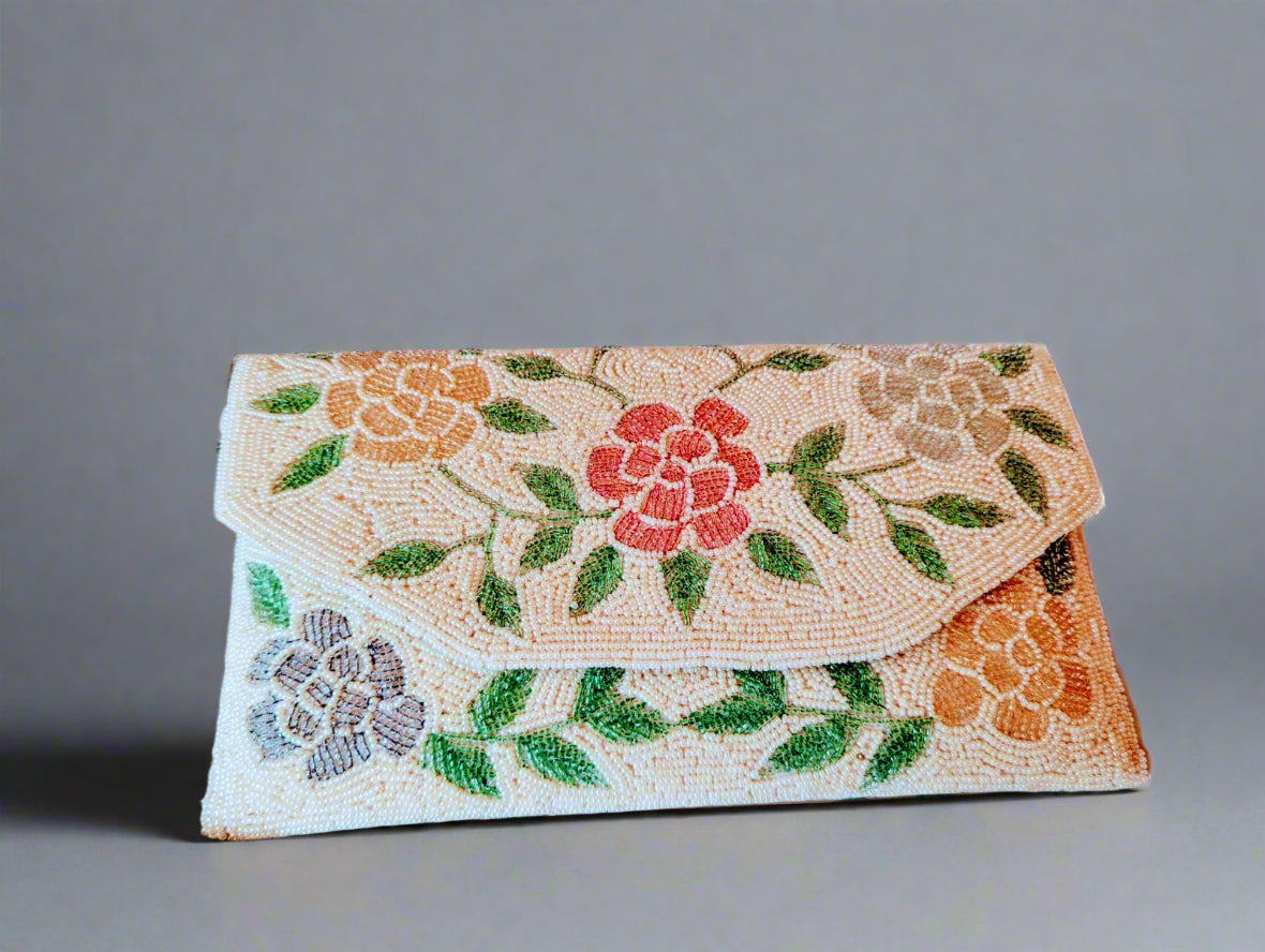 Exquisite Ivory floral designs handcrafted beaded purse