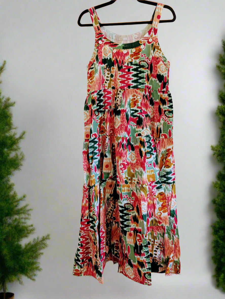 Stylish multi-colored abstract print tiered dress with a relaxed fit.