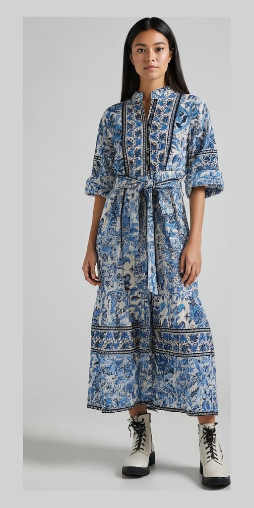 Captivating blue and white block print maxi dress