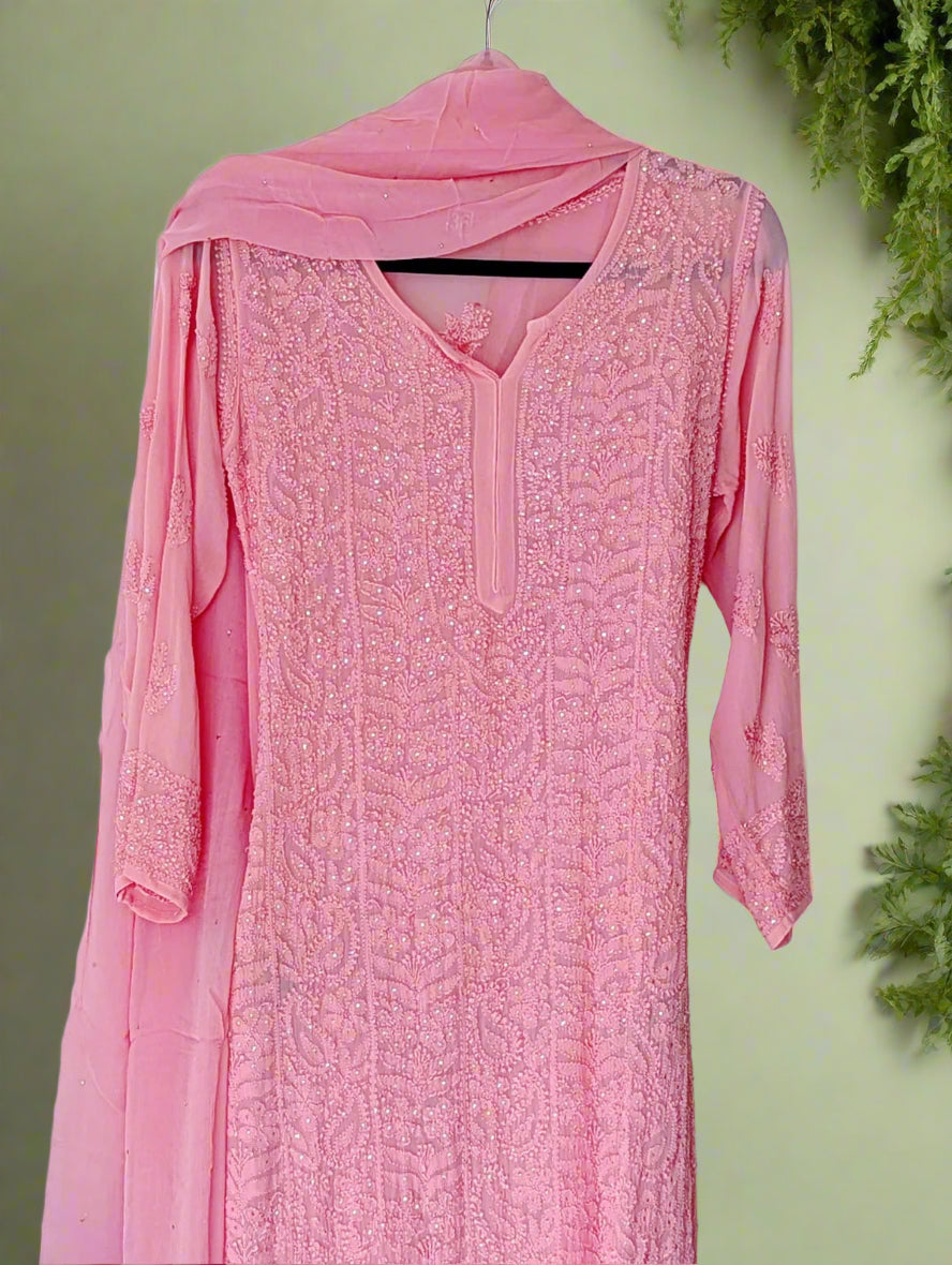 Exquisite Georgette Chikankari Suit set with Mukaish work