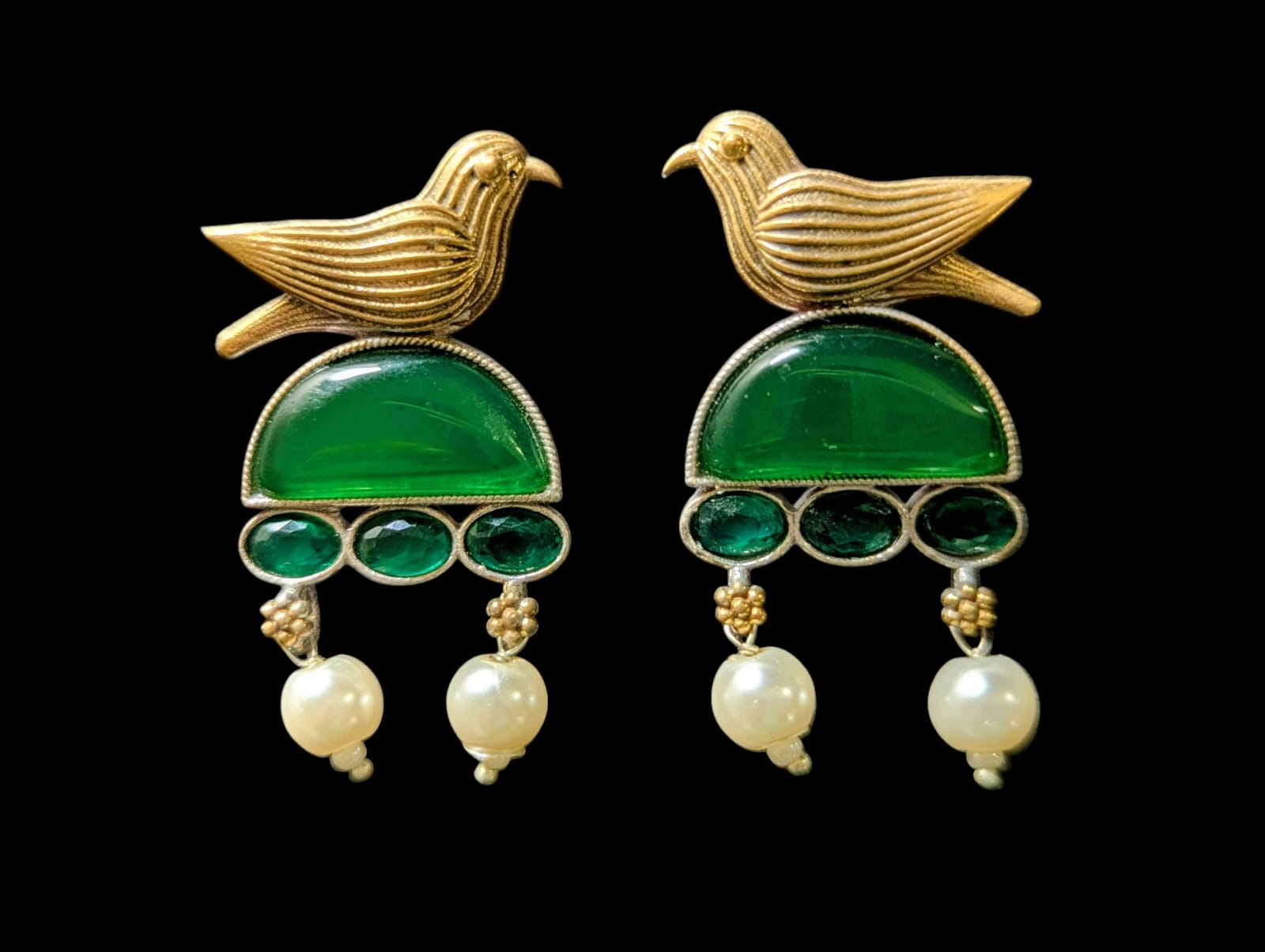 Stylish german silver Bird Earrings with Green Stone|Oxidized Earrings