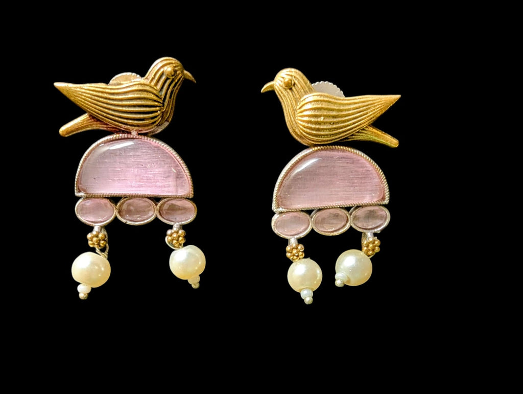 Stylish german silver Bird Earrings with Pink Stone|Oxidized Earrings