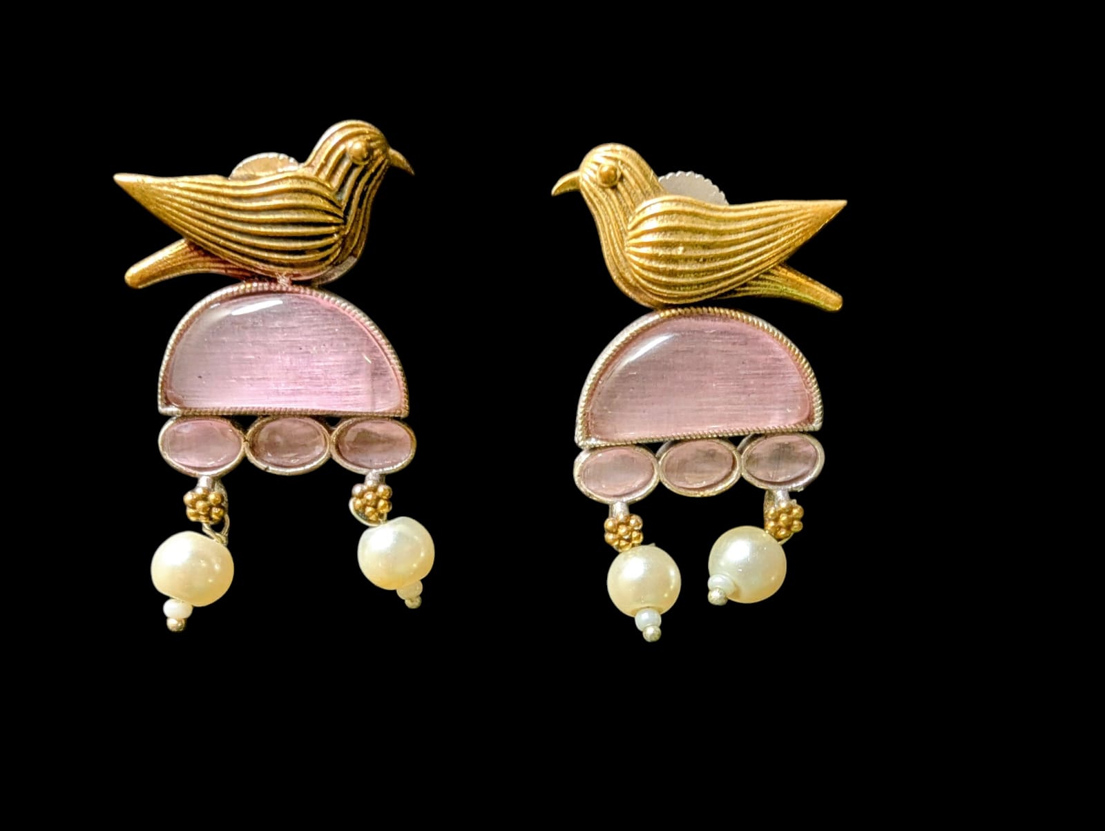 Stylish german silver Bird Earrings with Pink Stone|Oxidized Earrings