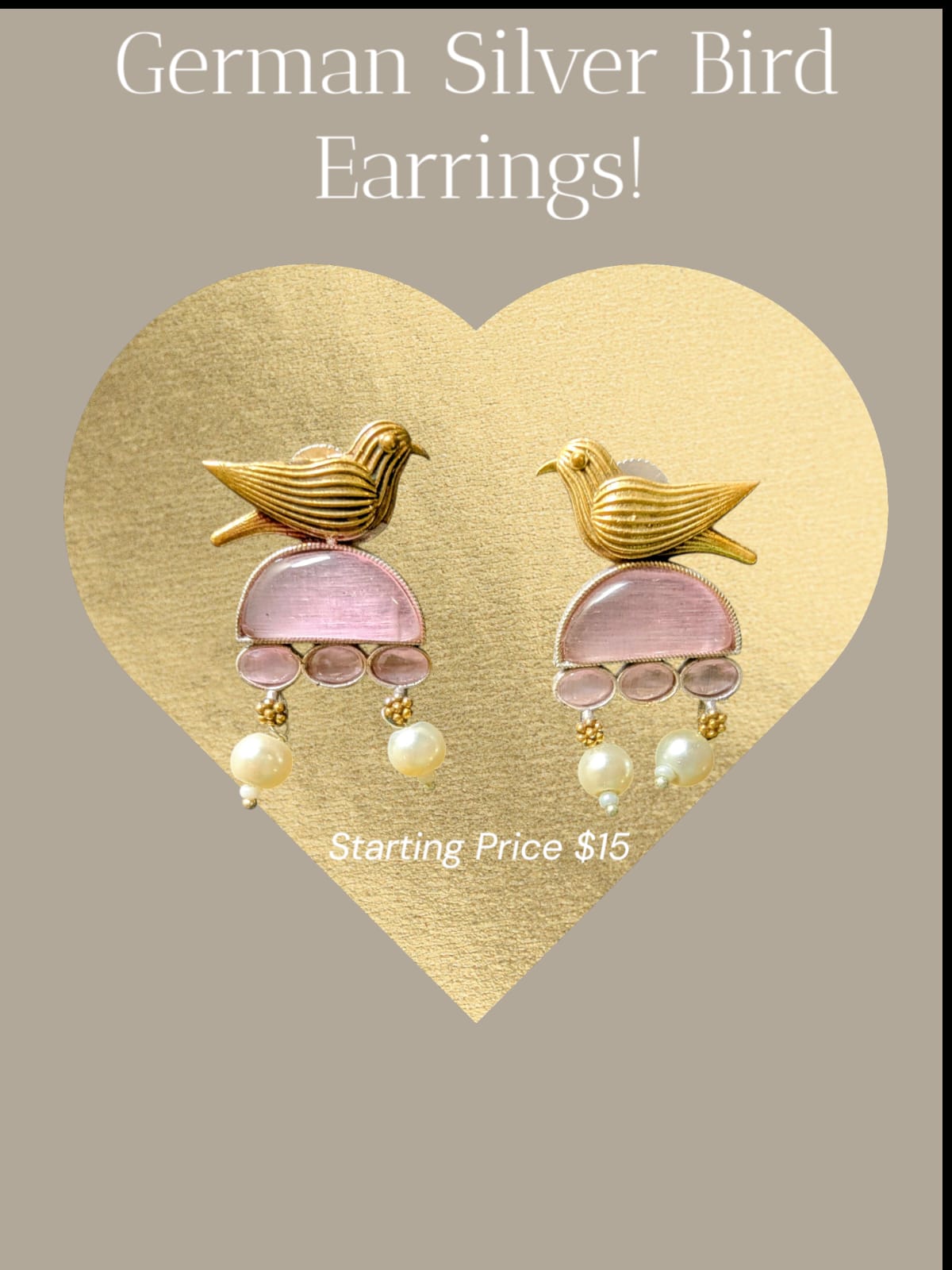 Stylish german silver Bird Earrings with Pink Stone|Oxidized Earrings