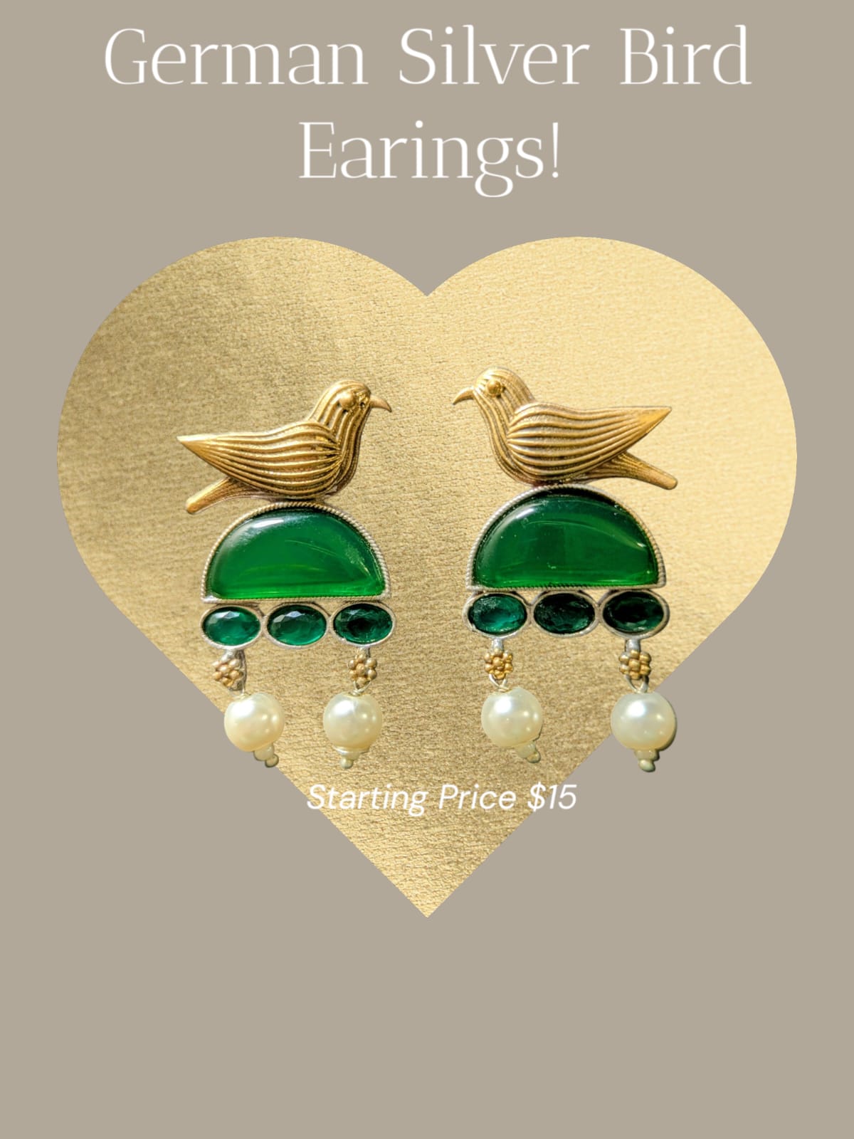 Stylish german silver Bird Earrings with Green Stone|Oxidized Earrings