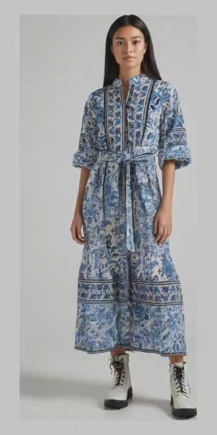 Captivating blue and white block print maxi dress