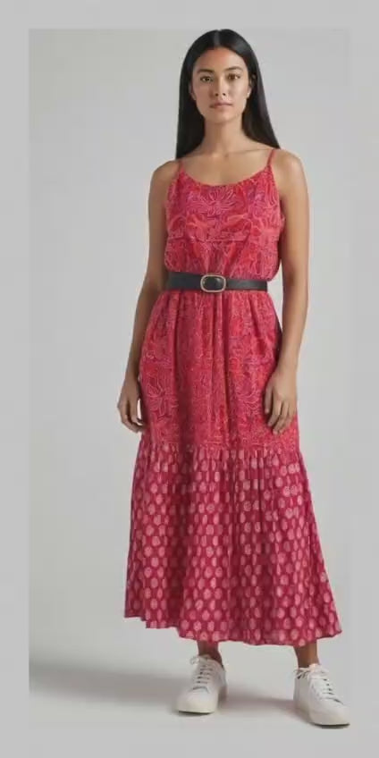 A striking red and pink floral print strap dress